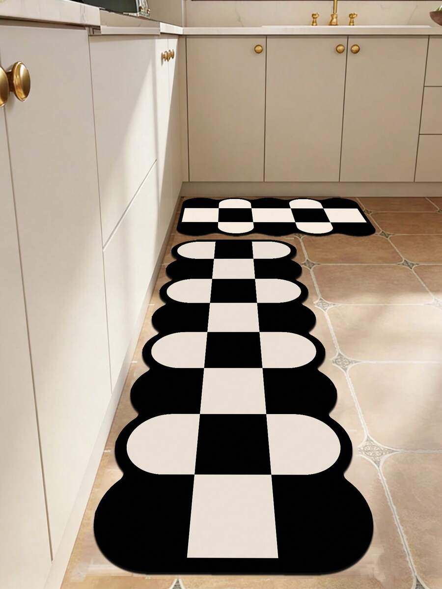 1pc Of Black And White Contrast Rubber Cushioned Kitchen Mat, A Water-Absorbing Mat That Is Easy To Clean And Suitable For Use In Kitchens, Bathrooms, And Other Areas. It Is Suitable For Use Throughout The Year And For Various Holidays. - Black and White - View 1
