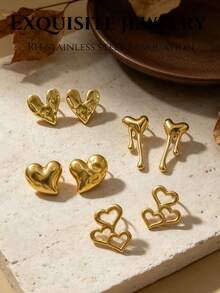 12 Pieces / 6 Pairs Of Heart-Shaped Series Gold Earrings. There Are Various Styles Such As Hammered Heart Shape, Smooth Three-Dimensional Shape, Pleated Heart Shape, Hollow Double Heart Shape, And Melting Heart Shape. - Stainless Steel Set - View 4
