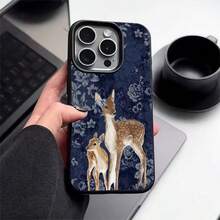 1pc TPU Material Retro Navy Blue Floral Bow Deer Pattern Phone Case Compatible With Apple 17 Pro Max/17/16 Pro Max/15/13/12/11, S20 FE/A15/S24/A55, Note 11/Note 12/Note 13 Pro, Full Coverage Anti-Drop Soft Protective Cover - Black - View 2