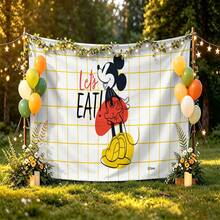 Disney Mickey Mouse Tapestry With Yellow Grid Pattern, "Let's Eat!" Quote, And Stylized Mickey Illustration Print No-Hole Backdrop, Perfect For Parties, Camping, Home Decor, Scene Setup And Gathering Displays - 0 - View 4