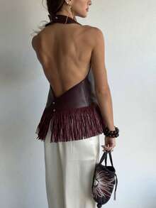 Womens Western Cowgirl Fringe Top Country Concert Outfits Festival Tassel Hem Boho Rodeo Camisole Rave Tank Shirt - Dark Brown - View 2