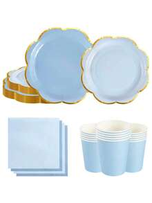 10pcs/20pcs/50pcs/80pcs Blue/Light Blue Gold Rim Paper Tableware Set, Blue 9" Dinner Plates + Light Blue 7" Dessert Plates + Blue Paper Cups + 6.5" Blue/Light Blue Paper Napkins, Scalloped Paper Plates For 1st Birthday, Baptism Party,Birthday,Wedding,Events,Festival,Picnic,Family Gathering Supplies Men Women - Blue Background With Gold Trim - View 1