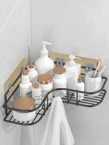 2pcs Easy Install Corner Shower Caddy - No Drilling Metal Bathroom Shelf For Toiletries And Storage, Bathroom Shower Curtain Set - Black - View 4