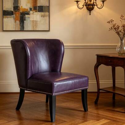 Silla de acento de piel de PU de 25.6 X 27.2 X 32.8 pulgadas, silla de salón para sala de estar con ribete de remaches, para dormitorio, hogar y recepción (Púrpura)
