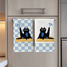 2pcs Cute Black Cat Checkered Pattern Kitchen Towels, 40*60cm Microfiber Dish Cloths, Cleaning Rags, Hand Towels, Kitchen Decor, Housewarming Gift - Multicolor - View 7