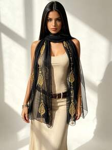 1pc Floral Embroidered & Tie-Dye Scarf, Oversized Shawl, Fashionable & Versatile Solid Color Scarf, Bohemian Style - Black - View 4