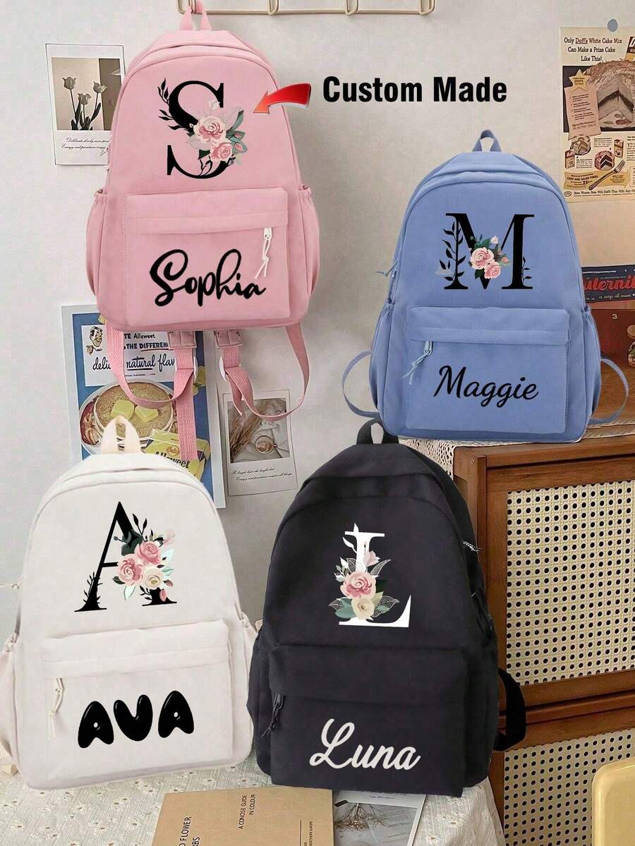 1pc Customized Fashion Travel Backpack, Personalized 26 Letter Alphabet Backpack, Personalized Nylon Solid Color Casual Backpack, Customized Personalized Backpack, Customized Exclusive Name Casual Backpack, Student School Season, Class, Travel, Unisex, School Backpack, Large Capacity, Laptop Compartment - Multicolor - View 1