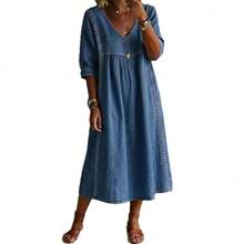 2026 New Casual Loose V-Neck Linen-Cotton Dress With Lace Trim - Yellow - View 6