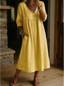 2026 New Casual Loose V-Neck Linen-Cotton Dress With Lace Trim - Yellow - View 1