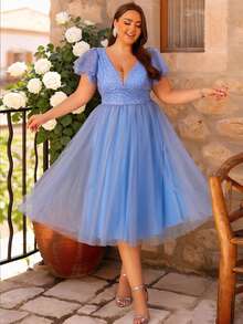 Women Plus Size Elegant Sequin Floral Print Mesh Applique V-Neck Cocktail Party Bridesmaid Dress For Wedding Guest, Homecoming, Spring/Summer/Autumn - Dusty Blue - View 10