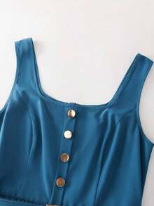 Vestido largo de línea A con cuello cuadrado, sin mangas, con cinturón y decoración de botones, con estampado floral índigo, versátil para ir al trabajo, primavera/verano - Azul - Ver 7
