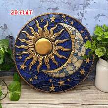 2D Flat - One-Piece 2D Flat Moon Theme Decorative Sign, Circular Design, Sun Shaped Plaque, Rustic Metal Wall Art With Stars, Suitable For Home, Garage, Restaurant Or Cafe Wall Decor - A - View 8