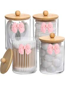 1/2/4 buah Stoples Penyimpanan Kosmetik Bening dengan Tutup Bambu, Organizer Kamar Mandi Plastik PS untuk Kapas, Cotton Bud, Spons Rias, Pisau Cukur, Aksesoris Rambut, Perhiasan & Barang Kecil, Berbagai Pilihan Paket - beraneka warna - View 1