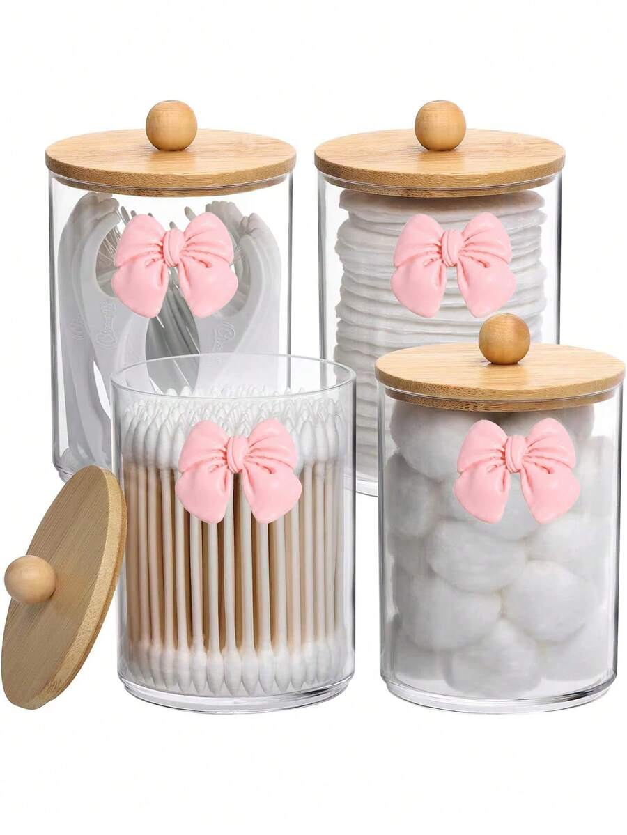 1/2/4 buah Stoples Penyimpanan Kosmetik Bening dengan Tutup Bambu, Organizer Kamar Mandi Plastik PS untuk Kapas, Cotton Bud, Spons Rias, Pisau Cukur, Aksesoris Rambut, Perhiasan & Barang Kecil, Berbagai Pilihan Paket - beraneka warna - View 1