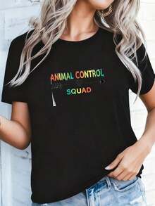 1 Women's T-Shirt With Floral Print And Lettering. - Black 2 - View 4