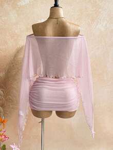 Nuevo top suelto con hombro asimétrico y transparente con lentejuelas doradas y falda mini fruncida de cintura baja asimétrica, estilo bohemio, boho, para vacaciones, vintage, fiestas - Marrón - Ver 8