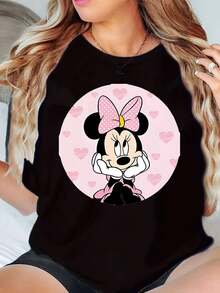 Minnie Mouse With Pink Bow And Hearts Print Disney Women T Shirt Round Neck Short Sleeve Casual Daily Wear Valentine's Day Soft Comfortable 220g - màu đen - Xem 1