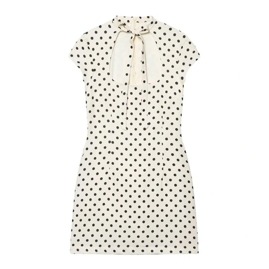 Vestido de lunares de moda para mujer, elegante vestido corto ajustado con cordones y manga corta, vestido informal de verano para mujer, vestido de vacaciones para la playa - Punto blanco - Ver 1