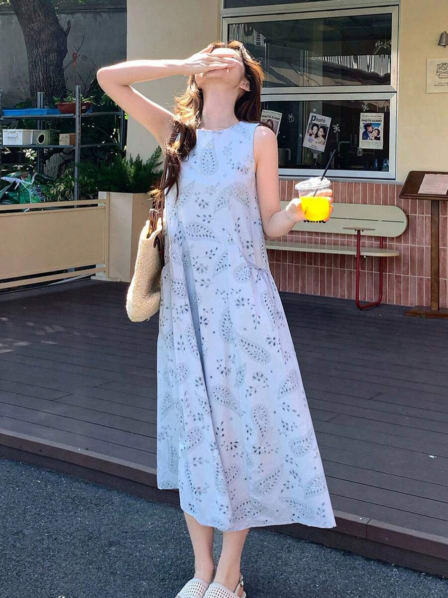 Y6Y 女士优雅无袖花叶印花连衣裙,夏季 - 藍色 - 查看 1