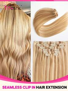 Tinashe Gold Highlight P16/613 nahtlose unsichtbare gerade Echthaar-Extensions 7 Stücke/Packung, geeignet für Halloween-Kostüme, Halloween-Nägel, glattes Haarbügeleisen, Echthaar-Halloween-Make-up, Cosplay-Feenhaar, Hochzeits-Meerjungfrauhaar, schwarze Perücke, Haarpflegeprodukte - S16/613 - Übersicht 1