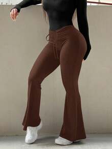 AiTyi Women's Black Flare Leg Pants With Drawstring Waist, Medium Stretch Long Yoga Training Daily Wear Bottoms, Bodycon Fit Fall Season Style - Coffee Brown - View 2
