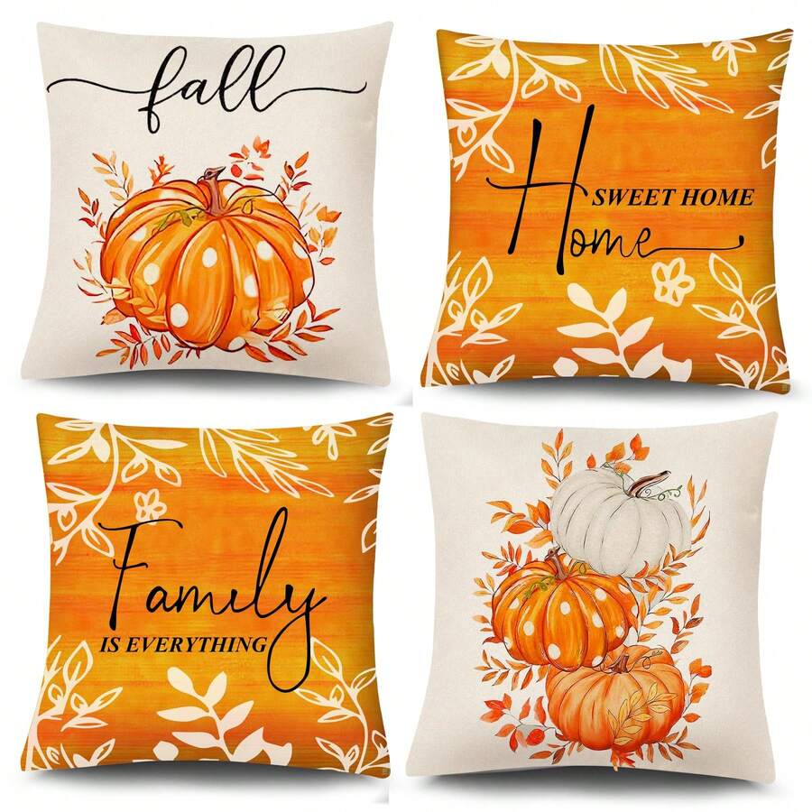 4pcs Autumn Home Decor Pillow Covers, Thanksgiving Pumpkin Linen Pillowcases, Sofa, Autumn Holiday Outdoor, Burnt Orange And White Decorative Single-Sided Without Pillow Insert - Burnt Orange - View 1