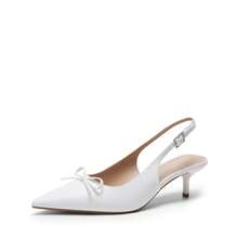 Womens Slingback Kitten Heels, Pointed Toe 2.17 Inch Low Bow Dress Shoes All Day Wear Comfortable Formal Wedding Pumps - 白色 - 查看 4