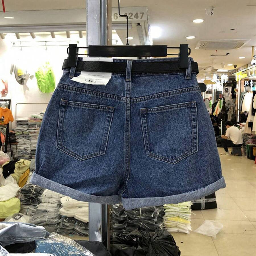 Gray Denim Shorts, Fashion Style, Summer 2026, High Waist, Wide Leg, Loose Fit, Korean Style, Slimming Effect, A-Line Cut. - 深藍色 - 查看 1