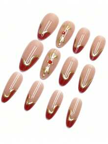 24pcs Kuku Palsu Minimalis Seri Warna Dopamin Merah Batu Permata & Mutiara, Berlapis Emas, Bentuk Almond Sedang dengan Garis Goresan, Cocok untuk Musim Semi, Musim Gugur, Kerja, Sehari-hari, Pesta, Pernikahan, Dilengkapi dengan Gel Jelly dan Kikir, Kuku Palsu yang Dapat Digunakan Kembali dan Dilepas, Perlengkapan Seni Kuku - Burgundy - View 3