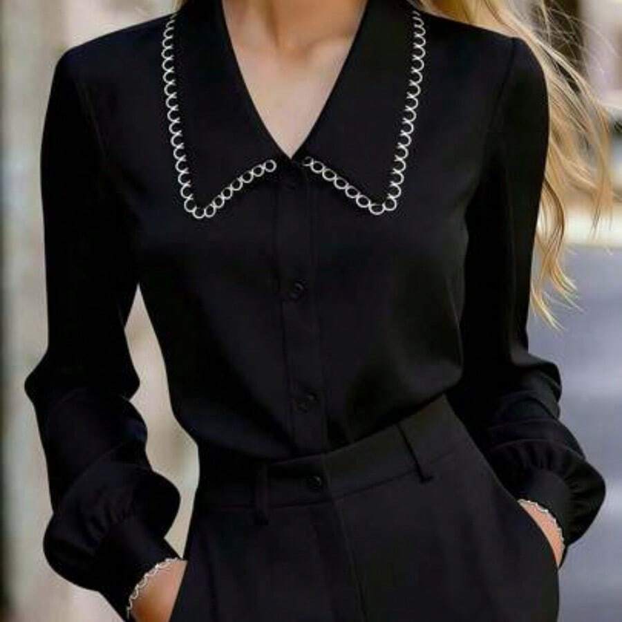 Blusa de satén para mujer, camisa de manga larga con cuello y botones, ajuste estándar, adecuada para verano, primavera y otoño, color blanco - Negro - Ver 1