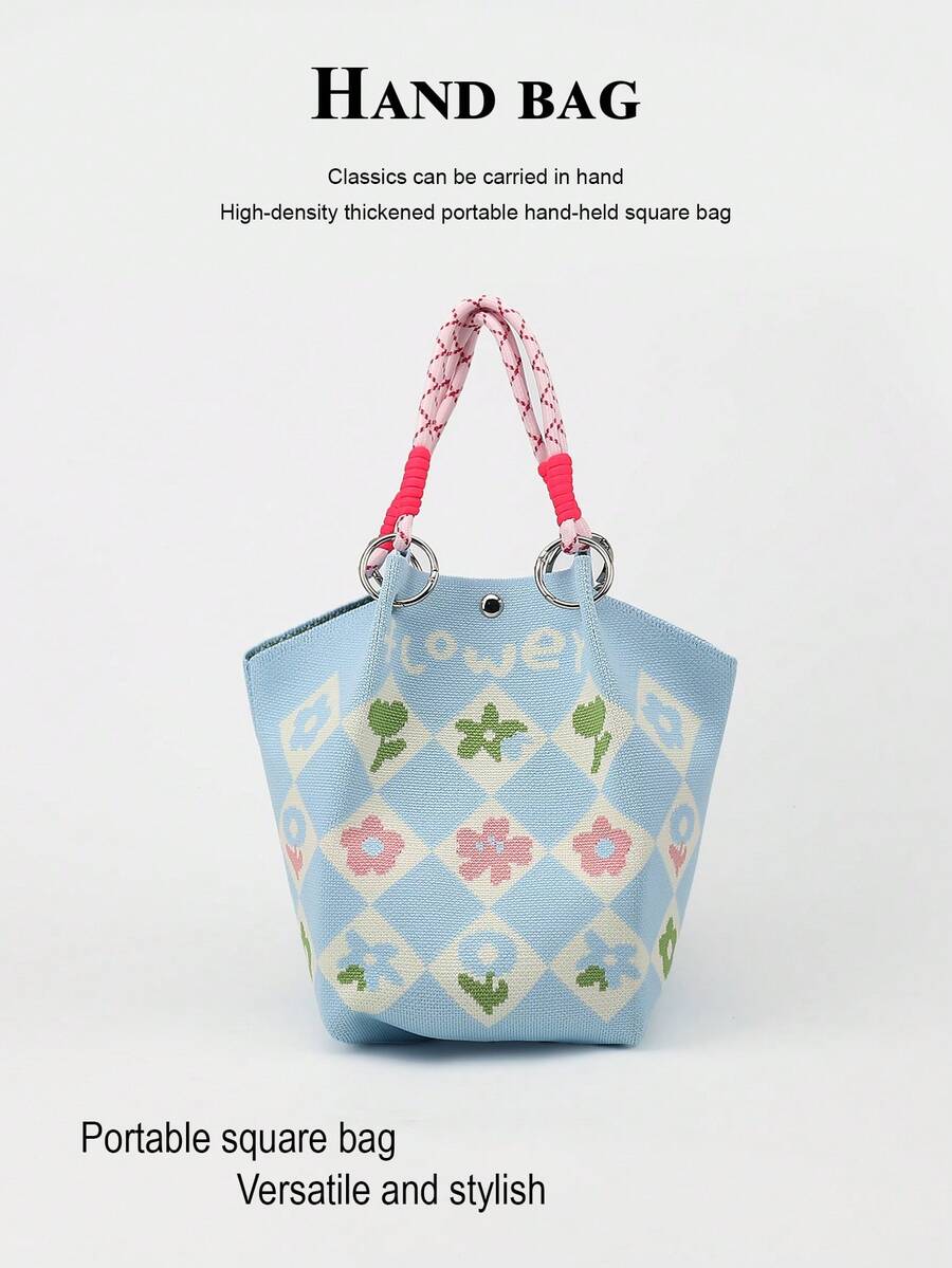 Cute Cartoon Multi-Color Knot Decor Large Capacity Bucket Bag, Handheld Tote, Elegant Multifunctional Travel Handbag - Baby Blue - View 1