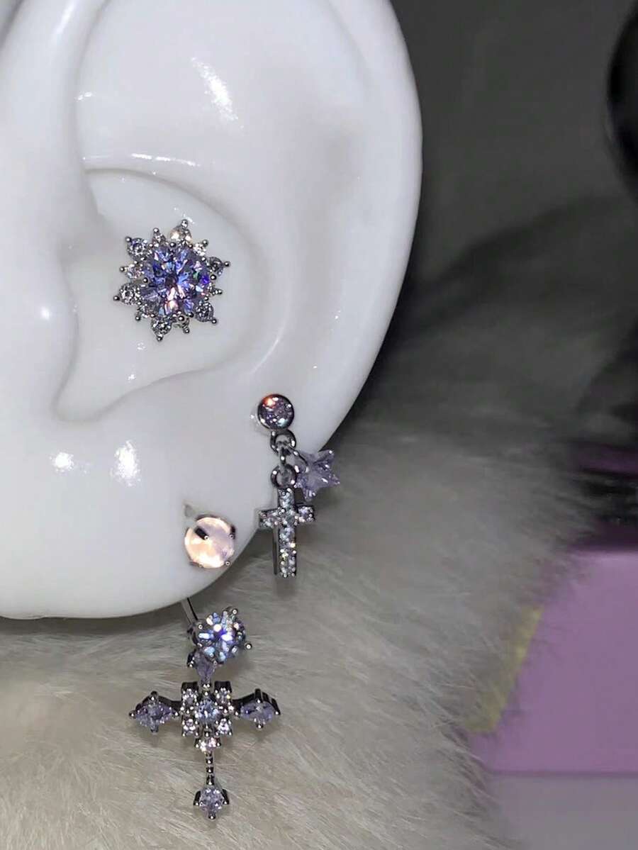 1 buah Anting Tusuk Setan Berkilau, Anting Tusuk Tulang Rawan Telinga Serbaguna Kelas Atas, Anting Tusuk Kepingan Salju, Perhiasan Telinga Biru Wanita, Anting Tusuk Kerang - Anting-anting ungu - View 1