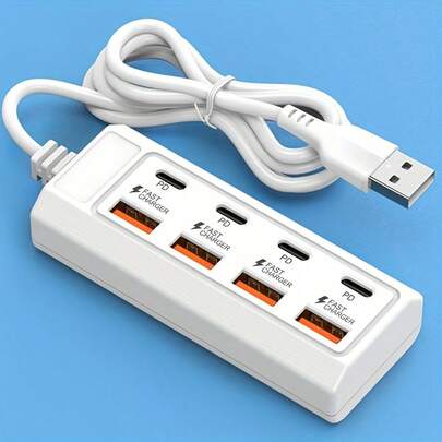 8-In-1 25W Power Adapter, 4 USB Ports + 4 Type-C PD Fast Charging Ports, Multi-Function Power Hub, Quick Charge Type-C Multi-Plug/Multi-Output Outlet, USB Hub, USB Adapter, USB-C Hub, Suitable For IPhone, , Laptop (4 USB-A + 4 PD Ports), 25W Output, Compact USB Power Expansion Station For MacBook, Computer, Tablet, Smartphone, USB-C Devices, Durable White Design, Suitable For Home/Office