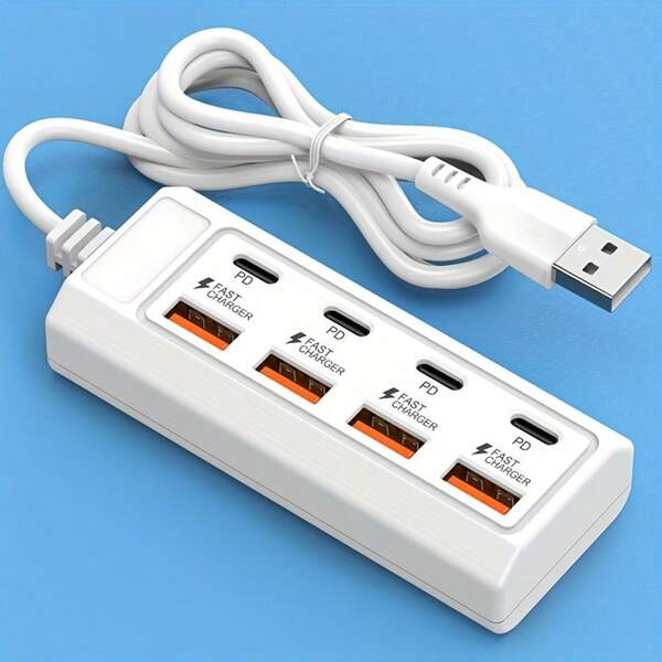 Adaptador de alimentación de 25 W con 8 en 1, 4 puertos USB + 4 puertos de carga rápida tipo C PD, centro de alimentación multifunción, cargador rápido tipo C con múltiples enchufes/salidas, concentrador USB, adaptador USB, concentrador USB-C, adecuado para iPhone, portátil (4 puertos USB-A + 4 puertos PD), salida de 25 W, estación de expansión de alimentación USB compacta para MacBook, computadora, tableta, teléfono inteligente, dispositivos USB-C, diseño blanco duradero, adecuado para el hogar/oficina