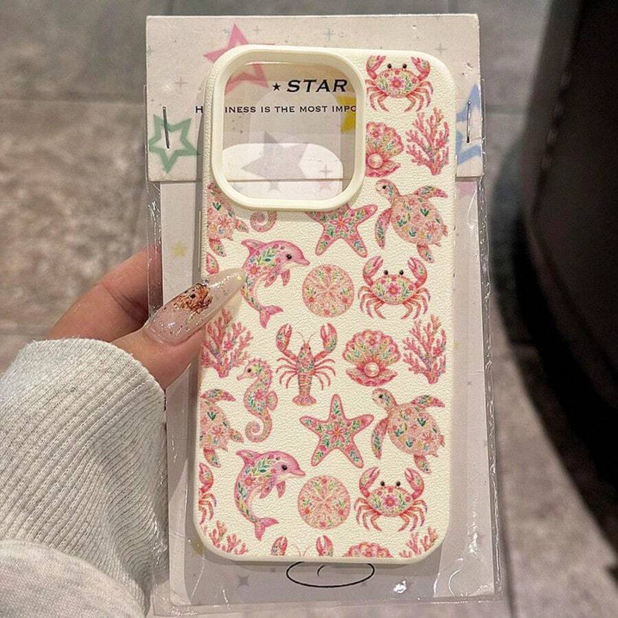 1pc TPU Material Pink Ocean Floral Pattern Phone Case Compatible With IPhone 17 Pro Max/17/16 Pro Max/15/13/12/11, S20 FE/A15/S24/A55, Note 11/Note 12/Note 13 Pro, Full Coverage Anti-Drop Soft Protective Phone Cover - White - View 1