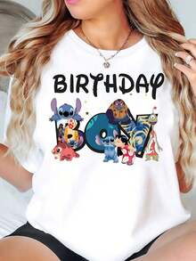 Stitch And Lilo Birthday Party Design Disney Women T Shirt Round Neck Short Sleeve Casual Wear For Birthday Celebration Soft Comfortable 220g - White - View 1