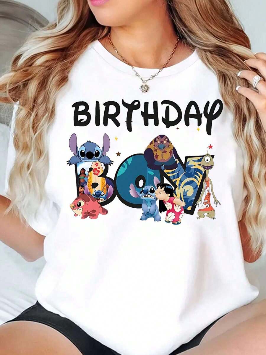 Stitch And Lilo Birthday Party Design Disney Women T Shirt Round Neck Short Sleeve Casual Wear For Birthday Celebration Soft Comfortable 220g - White - View 1