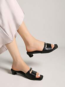 French Retro Open Toe Mule Sandals, Summer Slip-On Sandals, Thick Heel High Heels - Black - View 2