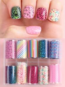 10 Rollen Blumen- & Leoparden-Muster Nageltransfer-Folie, Y2K Regenbogen, Herz, Schmetterling, Zebra Nagel-Foliensticker, klassisch eleganter Sternenhimmel Komplett-Wrap DIY Nagel-Sticker, Frühlings-/Sommer-Nagel-Accessoires für Frauen & Mädchen - Verschiedenfarbig - Übersicht 3