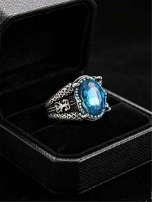 1 pieza Anillo punk para hombre, anillo de aleación de tono plateado vintage de lujo con incrustaciones de piedras preciosas artificiales, adecuado para uso diario de hombres, compromiso, boda, fiesta, aniversario, Día de San Valentín, regalo de cumpleaños - Azul - Ver 12