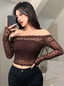 Blusa elástica de malla transparente con hombros descubiertos, para primavera/verano - Marrón 2 - Ver 2