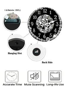 1 Stück 2D flache Holz Wanduhr, schwarzer Hintergrund mit Diamant Dekor, runde Uhr, glänzender Strass Rahmen, geometrisches synthetisches Edelstein Design, geeignet für Wohnzimmer, Schlafzimmer, Büro, Hotellobby, Esszimmer Dekoration - Verschiedenfarbig - Übersicht 6