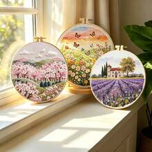 Countryside Floral Landscape Embroidery DIY Kit, Beginner Friendly With Embroidery Frame And Instructions, Home Decor Handmade Ornament - Multicolor - View 2
