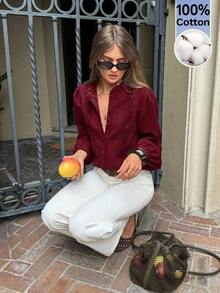 Camisa de mujer de unicolor con cuello Mao, versátil y casual para uso diario - Burdeos - Ver 4