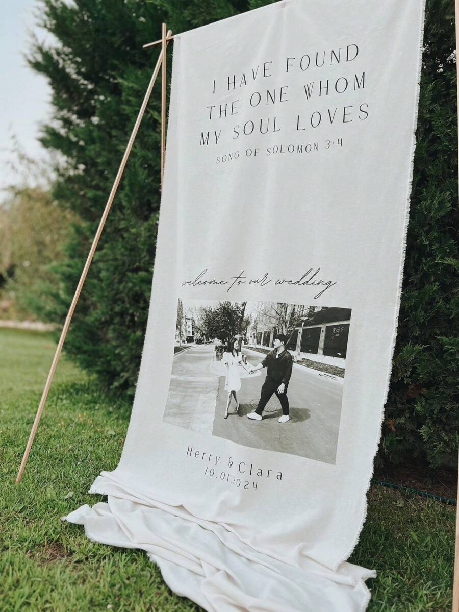 Customized Wedding Welcome Sign, Wedding Fabric Welcome Banner, Boho Wedding, Bridal Shower Sign, Minimalist Welcome Sign, Wedding Decor, Personalized Party Decor, Fabric Sign, 3 Fabric Types For Banner, Anniversary - Multicolor - View 1