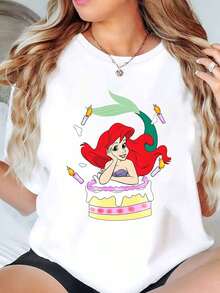 Ariel Mermaid On Cake With Candles Print Disney Women T Shirt Round Neck Short Sleeve Casual Wear Birthday Party Soft Comfortable 220g - trắng - Xem 1