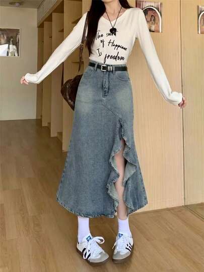 女士休闲可爱牛仔褶皱荷叶边高腰鱼尾裙