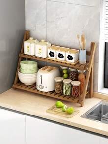 1pc Bamboo Foldable Wall-Mounted Storage Rack, Bamboo Collapsible Storage Shelf, Bedroom Storage, Kitchen Accessories, Kitchen Organizer, Wedding Dessert Display Stand - Brown - View 5