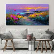 2D Plano, 2D Plano, 2D Plano Una Pieza de Arte de Pared 2D Plano Moderno con una Pintura al Óleo de Flores en la Playa al Atardecer, Perfecto para Decoración de Interiores. Ideal para Aulas, Cocinas, Oficinas en Casa, Baños, Salas de Estar, Dormitorios, Comedores - Enmarcado - Ver 2
