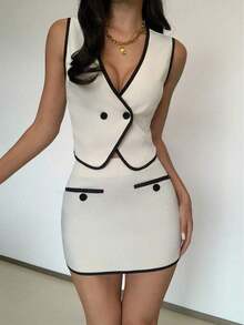 PETITE 2 Piezas Set: Top de chaleco color albaricoque casual y elegante, falda ajustado tejida de cintura alta, conjunto de cumpleaños con lazo en la espalda para mujer, vestido blanco, ropa de mujer, vestidos cortos de mujer, vestidos de verano, vestidos elegantes de mujer - Albaricoque - Ver 1